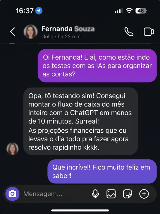Depoimento: fluxo de caixa e projeções financeiras foram organizados em poucos minutos.