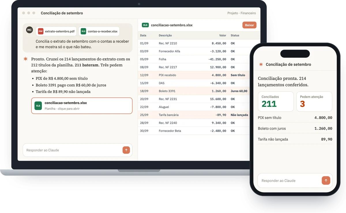 Notebook com o Claude conciliando o extrato de setembro e a planilha de conciliação aberta ao lado; no celular, o resumo: 211 lançamentos conciliados e 3 que pedem atenção