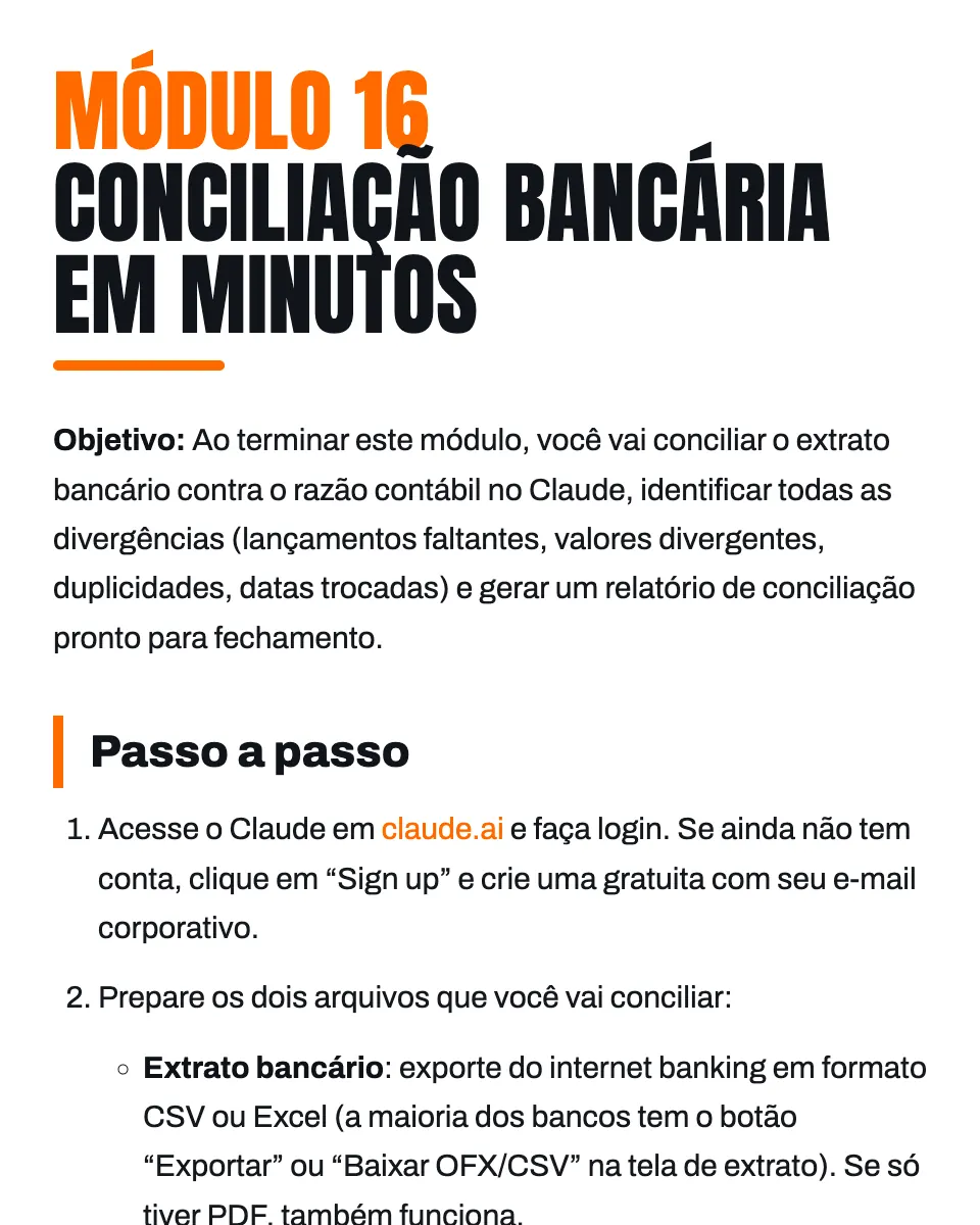 Abertura do Módulo 16, Conciliação bancária em minutos, com objetivo e passo a passo