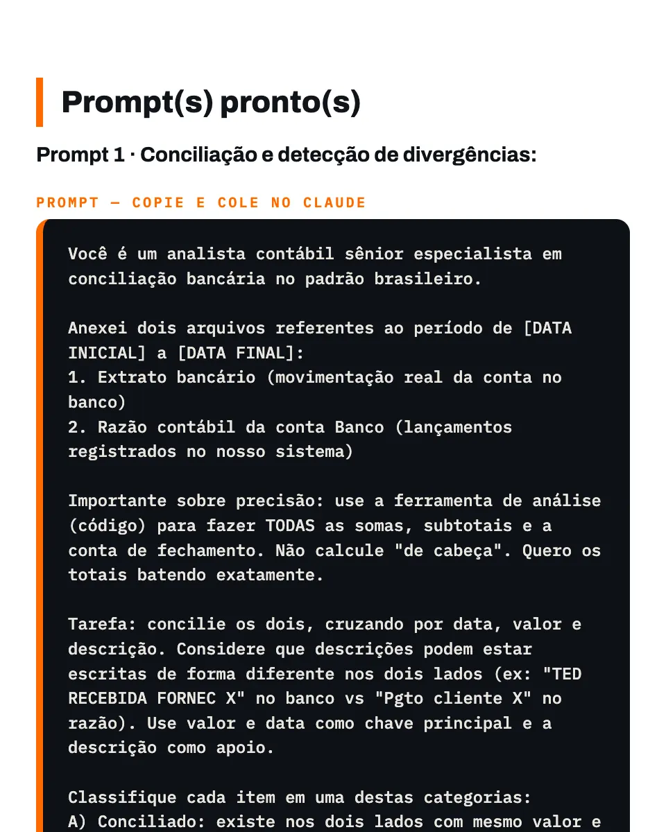 Prompt pronto do Módulo 16 para conciliar extrato e razão contábil